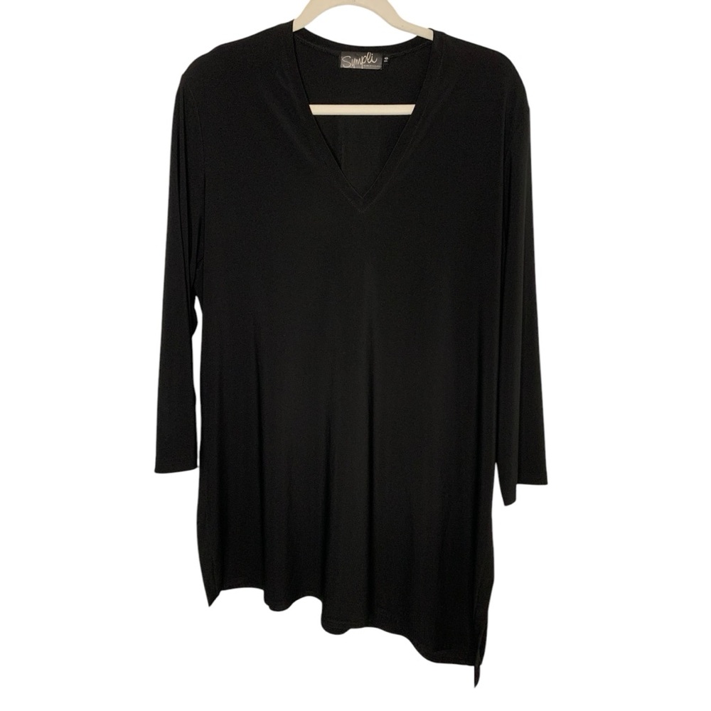 Sympli Made in Canada Black Plus Size 16 Asymmetric Hem V Neck Tunic Blouse